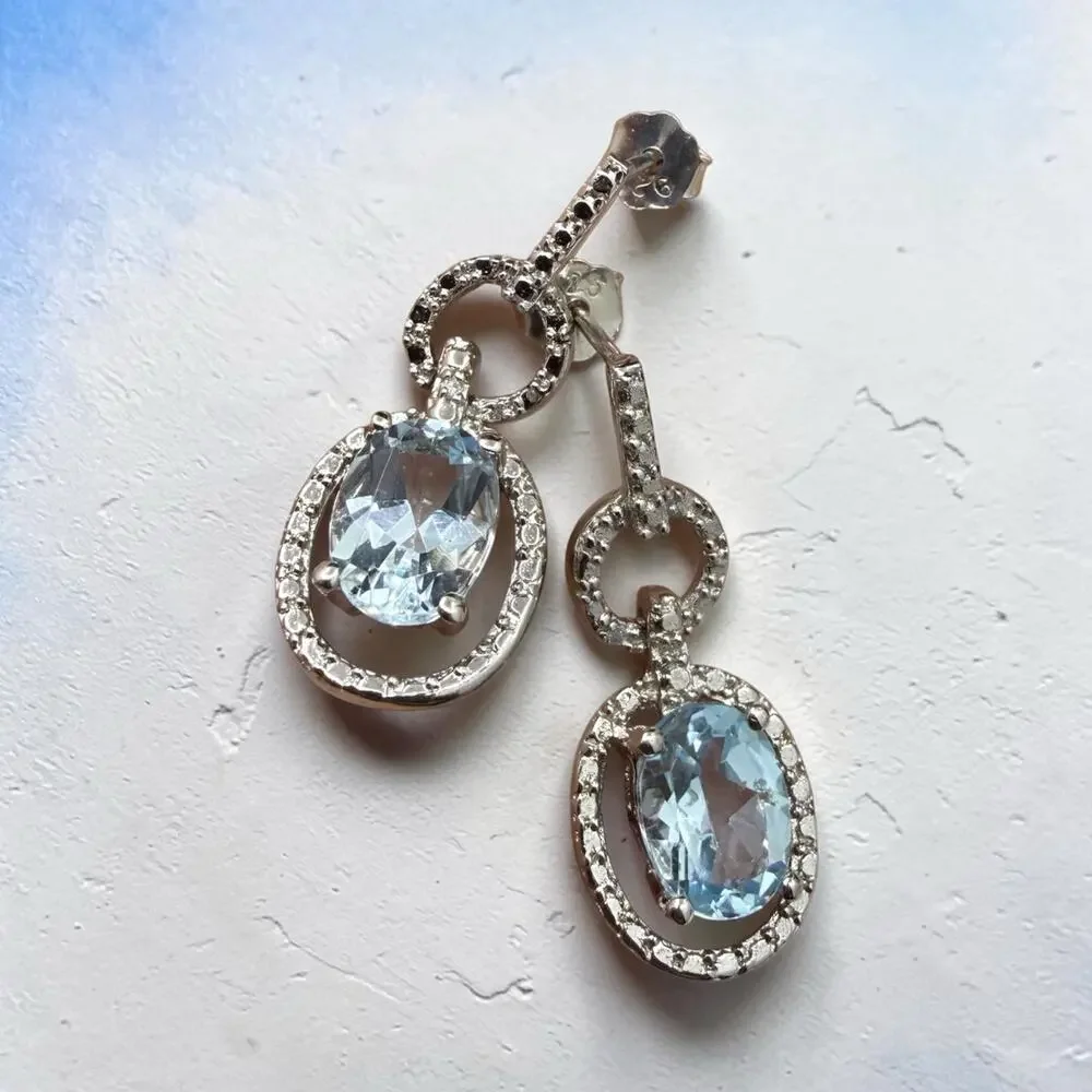 2.83ct Blue Topaz Diamond Dangle Earrings 925 Sterling Silver - NEW